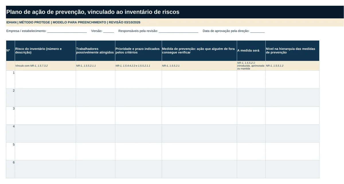 Prévia da planilha de plano de ação de prevenção, com colunas de risco, medida, hierarquia e responsável